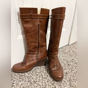 UGG Genuine Leather Heel Brown Riding Boots Size 8 Women’s with Zipper & Buckle